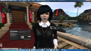 Vanessa Blaylock in front of Governor's Mansion in Turkey. On screen displays show SL "Debug" settings for adjusting Camera Offset and Focus Offset.
