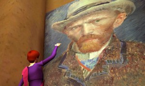 "J is for Joe Rigby." Vanessa Blaylock's avatar waving at a self-portrait of Vincent van Gogh in the Avaya Live art gallery