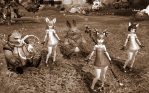 Avatars taking a break for a group photo in a clearing of the MMORPG Tera (Tera Enmasse)