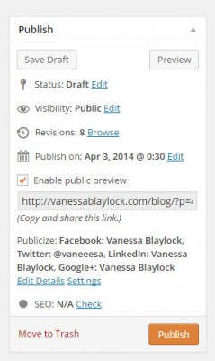 screen capture of the WordPress publish panel, featuring the Public Post Preview plugin