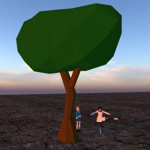 Vanessa Blaylock and Desu admire one of Desu's "Low Poly" trees (a tree made of very few polygons, rendering it less "lifelike" and more "cartoonish" or abstract or geometric. Tree made in Blender and imported to Second Life.)