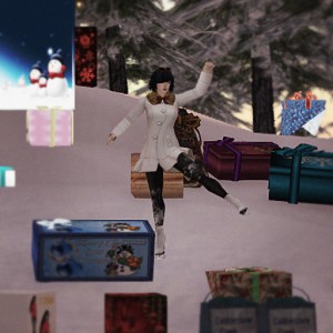 Vanessa Blaylock ice skates through a field of presents at the 2014 Builder's Brewery Gift Exchange