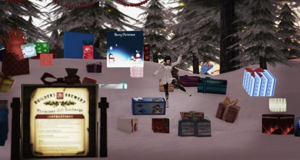 Builder's Brewery Gift Exchange: Vanessa Blaylock standing in the snow. She is surrounded by trees and holiday presents.