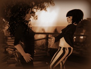 photo of Ama Ree and Vanessa Blaylock in Crap Mariner's Treehouse in the virtual world Second Life. Monochromatic Image. Sepia Toned