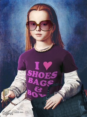 The Bia Awards: modification of Bronzino's Bia portrait featuring contemporary items such as a cell phone, purse, sunglasses, and a purple t-shirt that reads I heart Shoes, Bags & Boyx