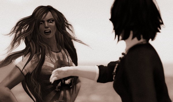 Selenium toned photo of Fiona Blaylock and Vanessa Blaylock arguing. Vanessa slaps Fiona's face with an open palm and Fiona's head recoils to the side in an angry grimace as her hair flies to the side.