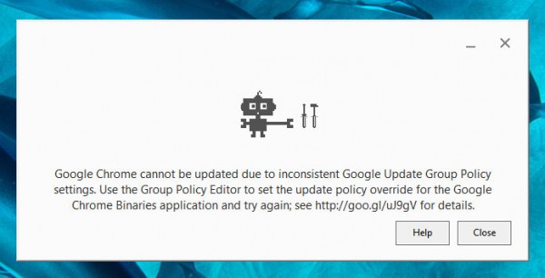 ScreenCap showing Google Chrome update failure due to Google Update Group Policy
