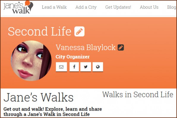 Jane's Walk 2015: screen cap of Second Life "city" page on Jane's Walk.org