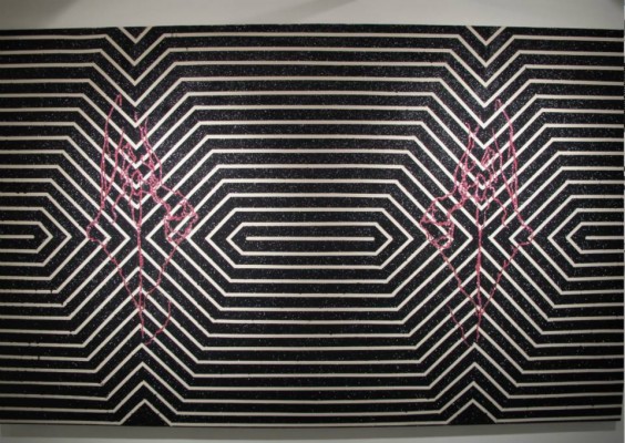 Micol Hebron's vulva drawing project: geometric abstraction in black and white stripes with vulva drawings on top