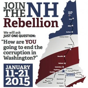 NH Rebellion VR: New Hampshire Rebellion Logo: graphic of the shape of the state of New Hampshire made out of red, white, and blue, and with the text "Join the Rebellion"