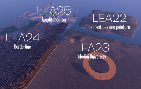 Aerial view of the 4 regions, LEA22, LEA23, LEA24, LEA25 in the virtual world Second LIfe.