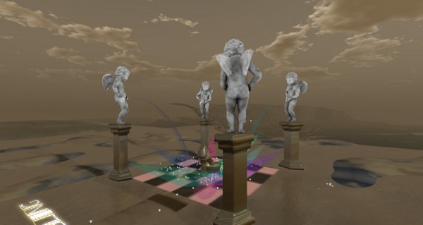 Columns, sculptures, and fountains at the middle of the LEA25 region in Second Life