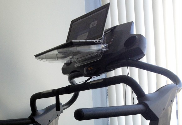 Building your treadmill desk: Sherry Pagoto's office treadmill desk consisting of a laptop strapped to a treadmill with a Surf Shelf