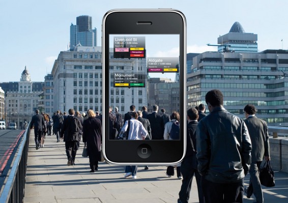 University Guiding Principles: Image showing the iPhone "Across Air App" featuring pedestrians on a city street and that same image on an iPhone screen with annotations and wayfinding information.