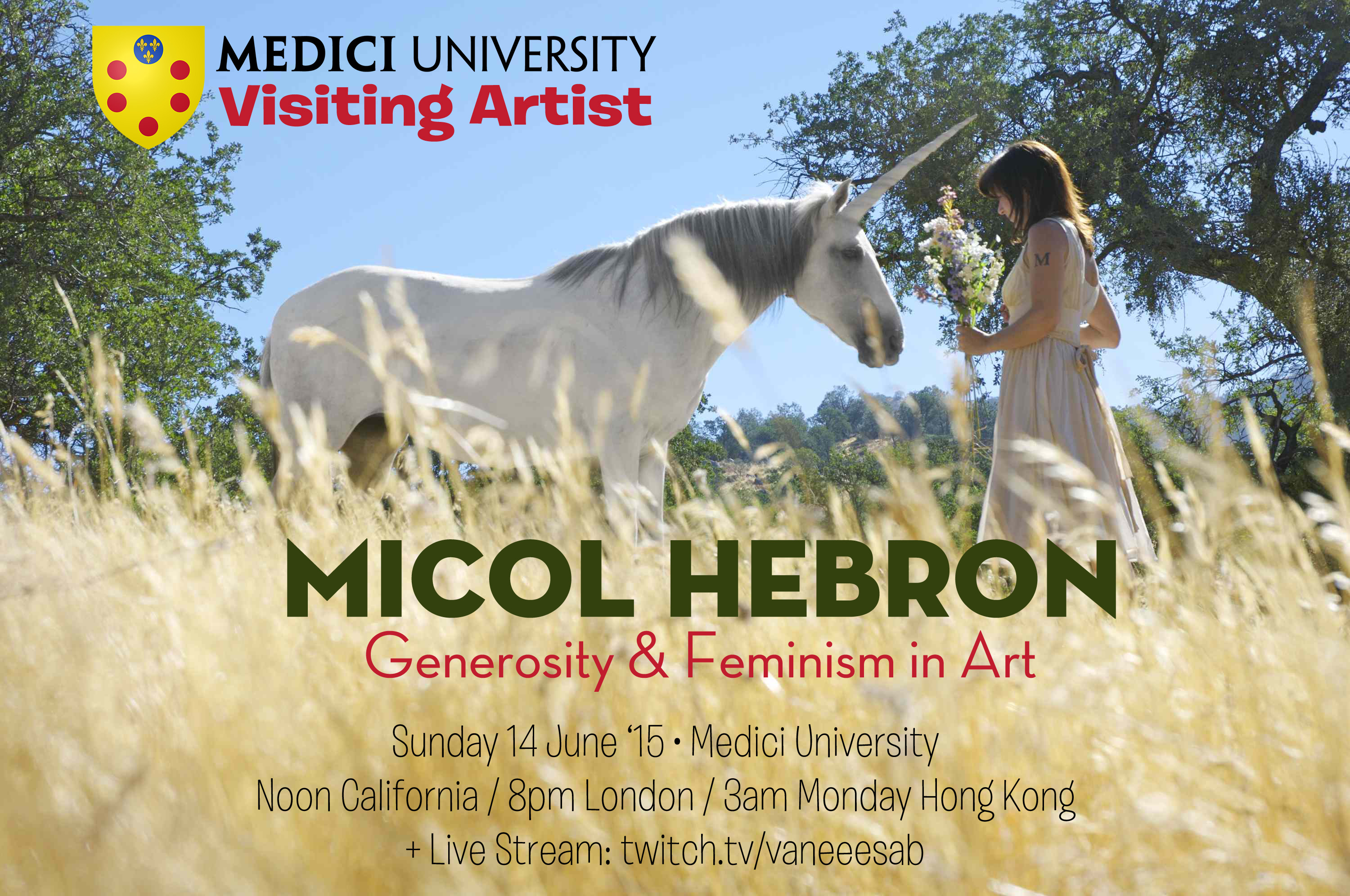 Poster for Micol Hebron's Visiting Artist Talk "Generosity and Feminism in Art" at Medici University on 14 June 2015