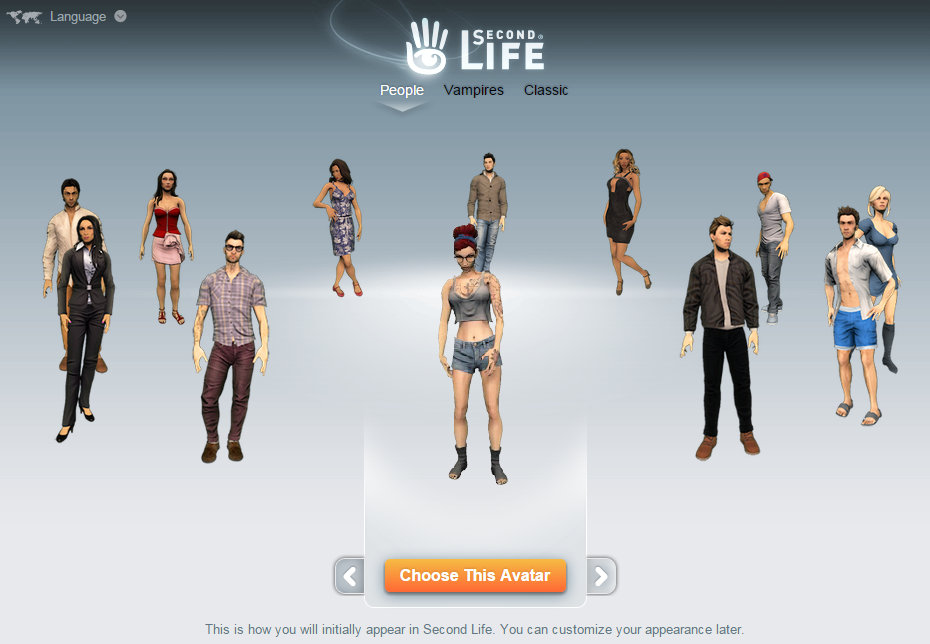 screen cap of Second Life sign up page showing a choice of avatars