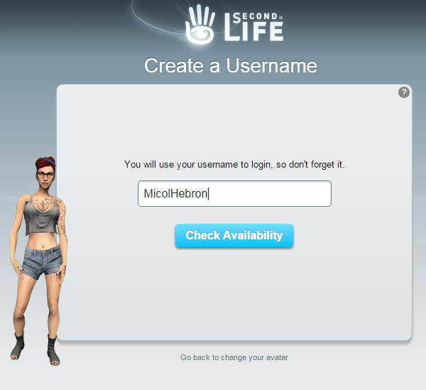 Screen cap of Second Life sign up page showing "Create a Username"