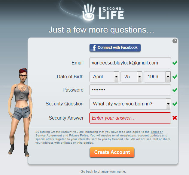 Screen cap of Second Life sign up page showing  email, date of birth, etc