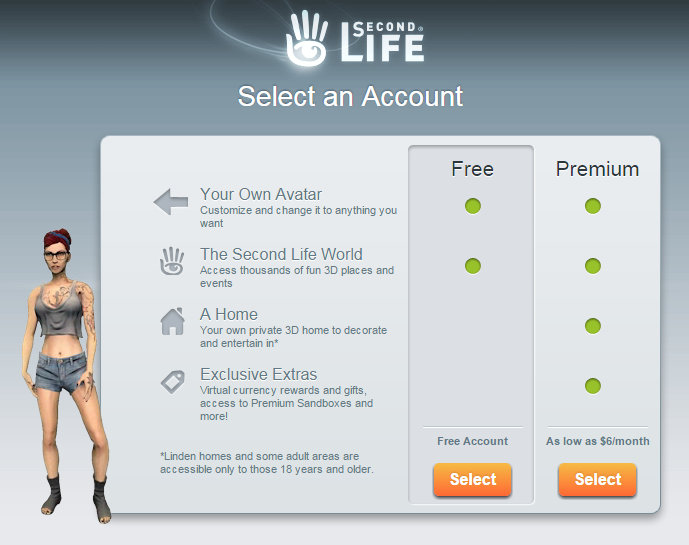 screen cap of second life signup page showing free and premium options