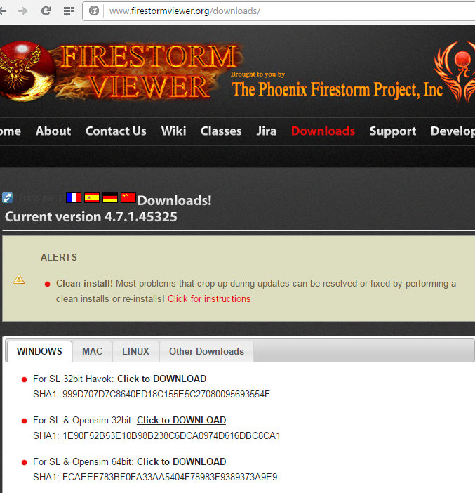 Screen cap of Firestorm viewer download page