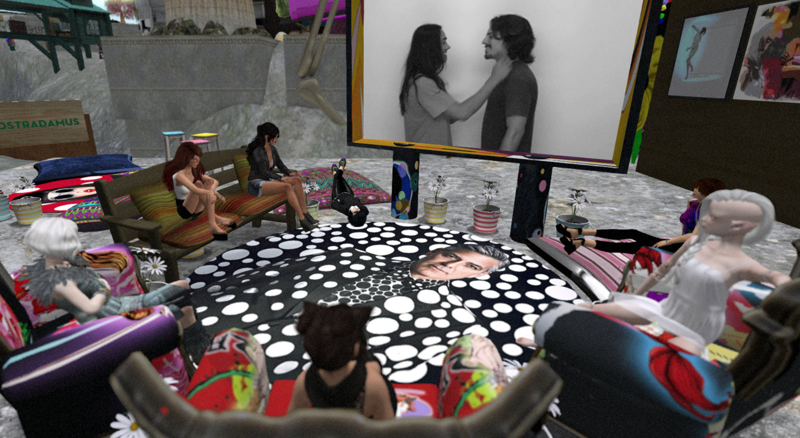 Avatars gathered around a large flat-screen TV and watching art videos from Micol Hebron