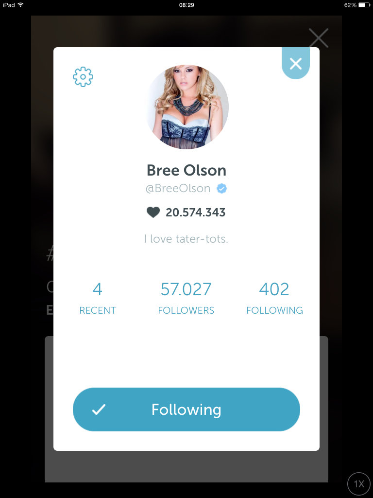 Screen cap of Bree Olson's Periscope Profile, featuring the "bio" "I love tater-tots" and her current "heart" count of 20 million