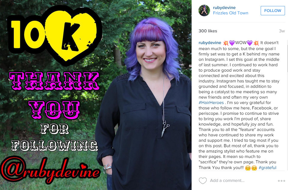 Instagram Screen Cap of Ruby Devine celebrating 10,000 followers