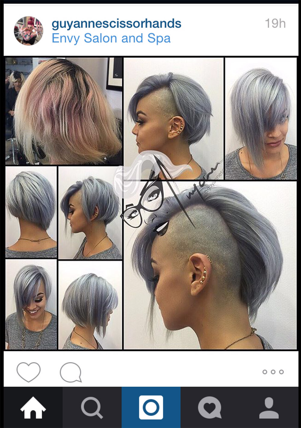 Screen cap of Guyanne Scissorhands' Instagram showing a series of photos of a client with hair dyed silver and cut in a dramatic, asymmetric, angular undercut