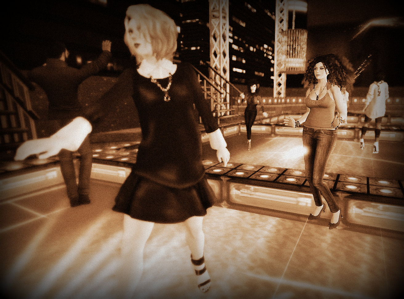 selenium-toned photo of Vanessa Blaylock and Agnes Sharple dancing at a club