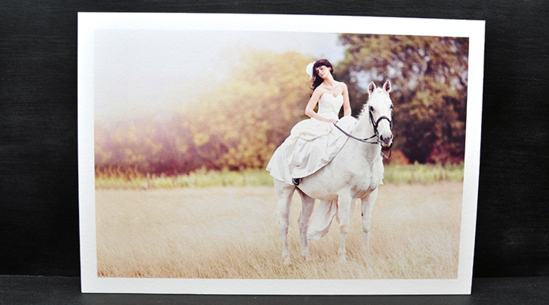 Fine art print of a woman in a white dress riding a white horse