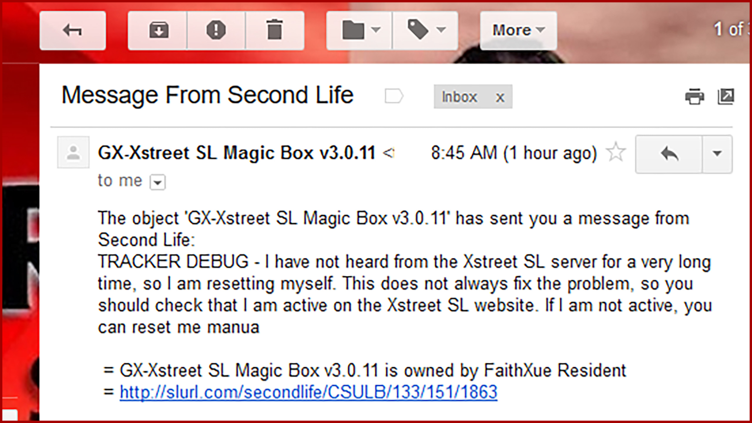 screen capture of an email message showing a Second Life "Magic Box" asking for connection