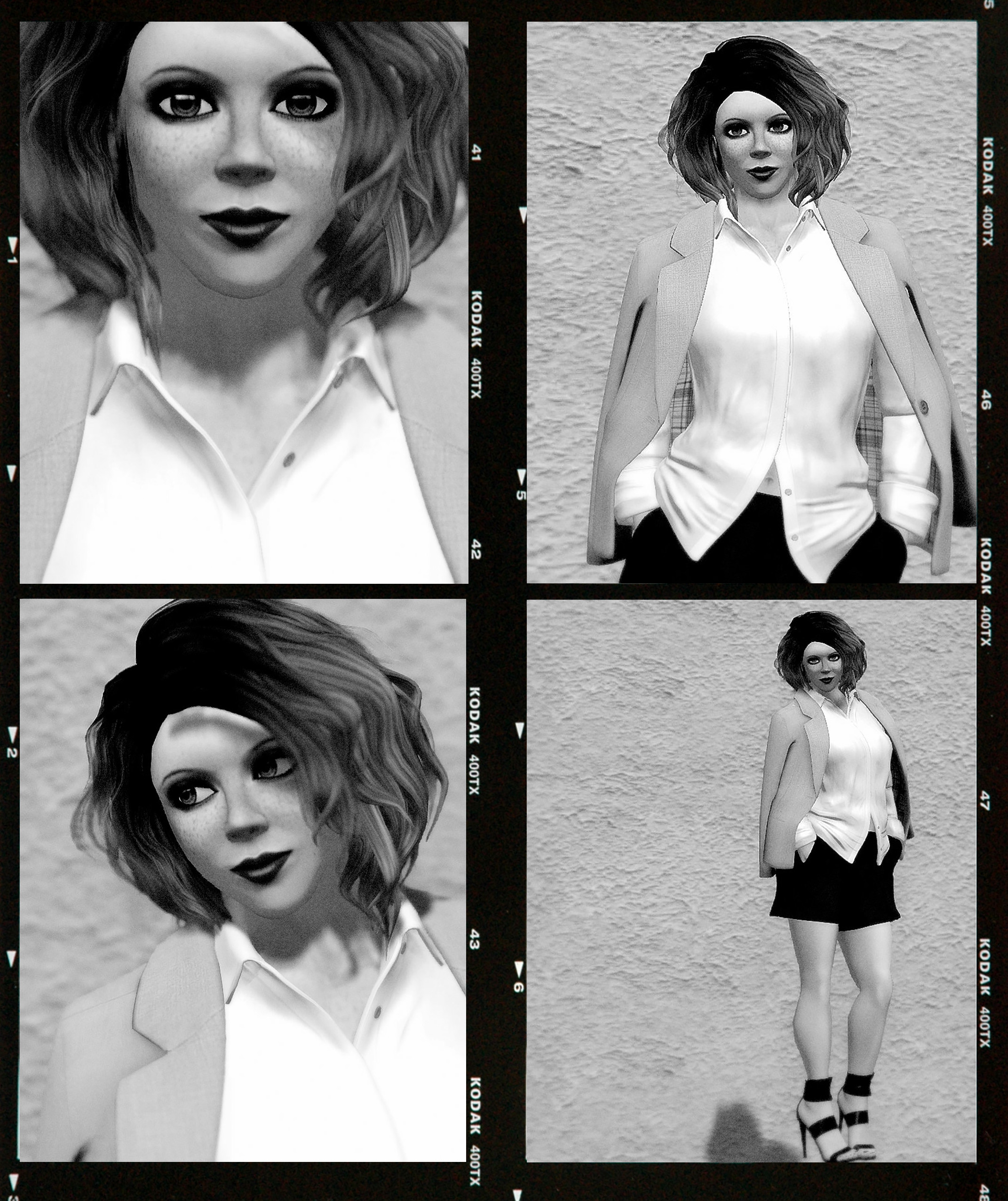 Contact sheet of 4 B&W frames, portraits of Vanessa Blaylock on Kodak TMax 400