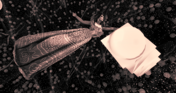 selenium-toned photograph of Asmita Duranjaya flying through a dark world densely filled with energetic orbs