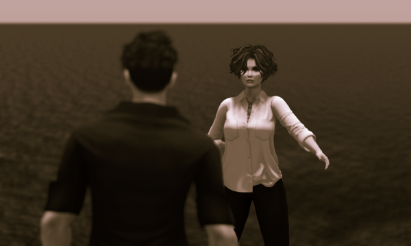 selenium toned photo of 2 avatars on a platform with the ocean behind them