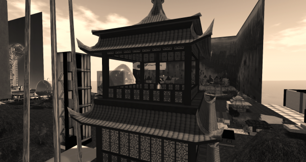 Elizabeth Taylor Swift stands on the deck of a tall pagoda with a busy virtual world skyline behind her