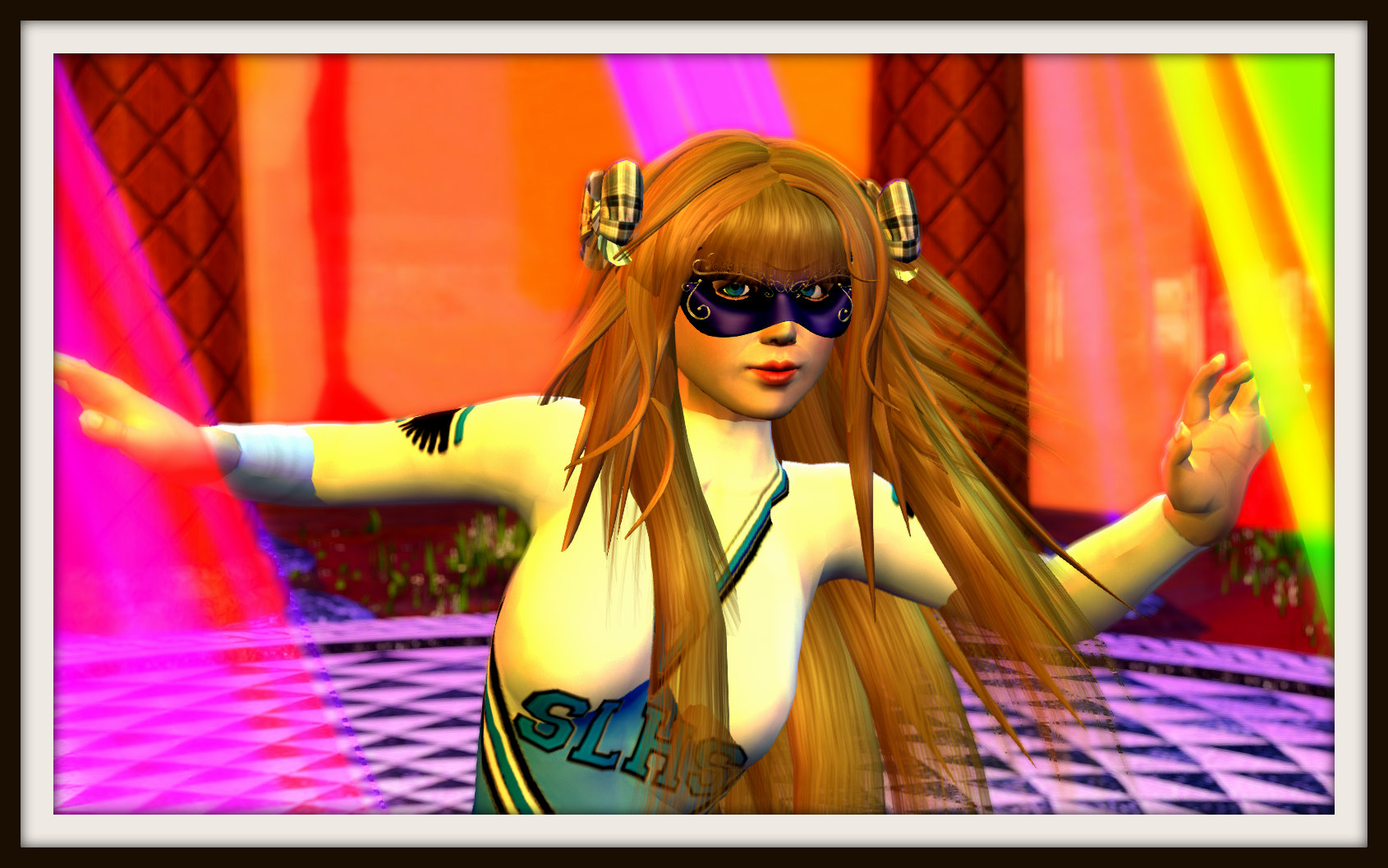 a guest at the Alt Avatar Ball at Club Morpheus at Alice in Cornelland wearing a cheerleader uniform and a mask and dancing.