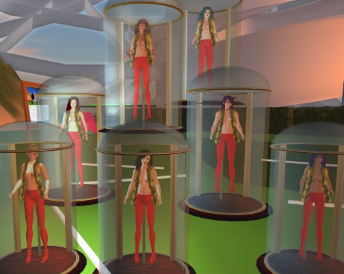 Vanessa Blaylock Company avatars suspended from specimen hooks inside bell jars.