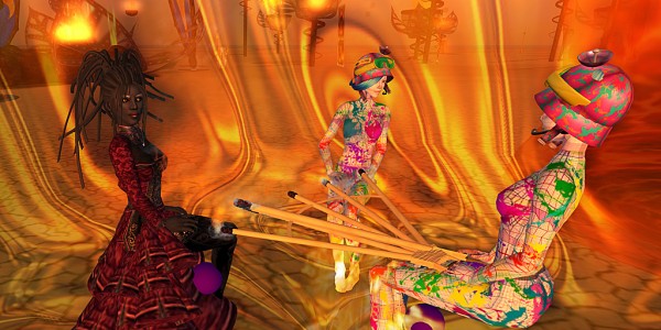 avatars inside a rotating bottle and doing a fire dance at Burning Life 2009