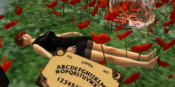 Forceme Silverspar lies in a lifeless supine position, her body resting in a field of poppies and next to a Ouija board