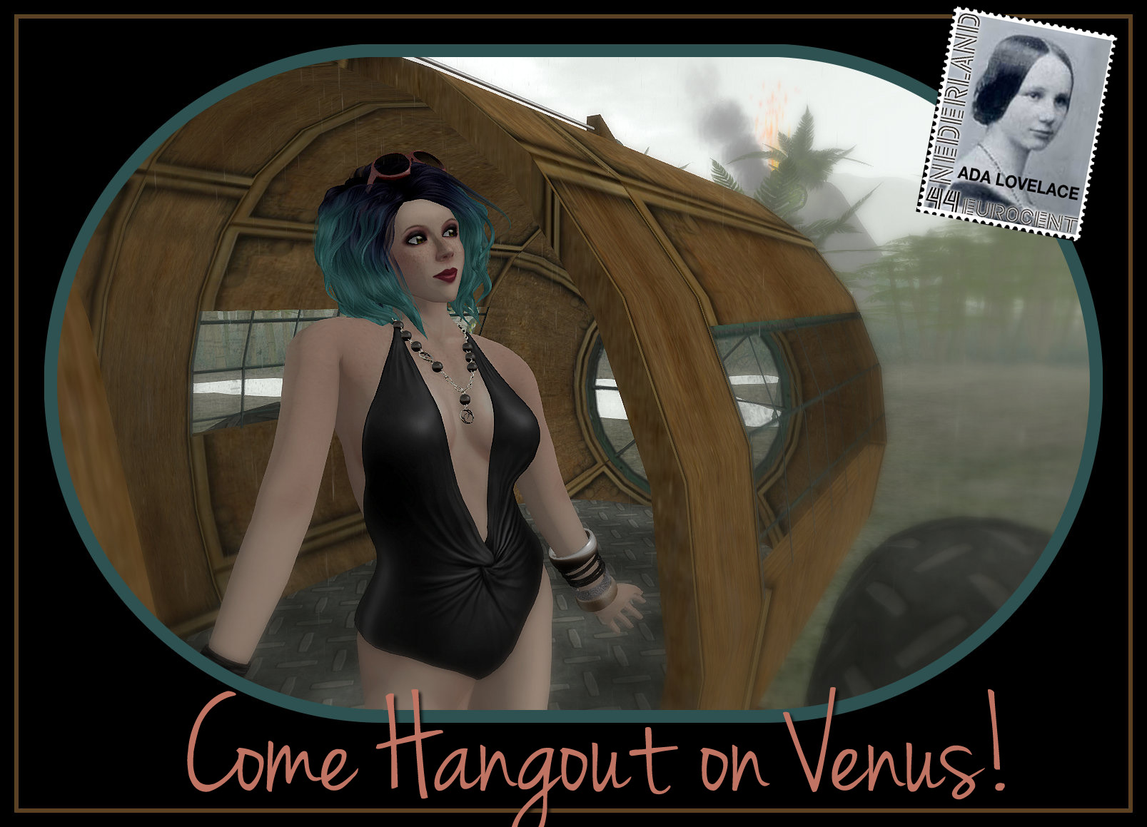 Postcard for "Avatar Hangout" featuring an image of Vanessa Blaylock standing on the landing of a cargo vessel newly landed on Kimika Ying's installation of the surface of the planet Venus