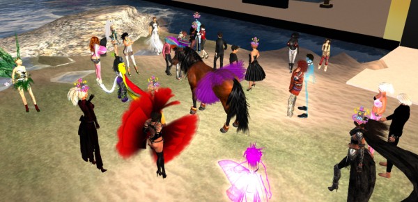 A crowd of avatars gathers at the step-off point at Long Island University for the start of VB42, Avatar Pride Parade