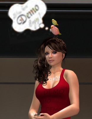 Kara Trapdoor wears a demo hairstyle which includes a bird with a speech bubble over it's head and the word "demo"