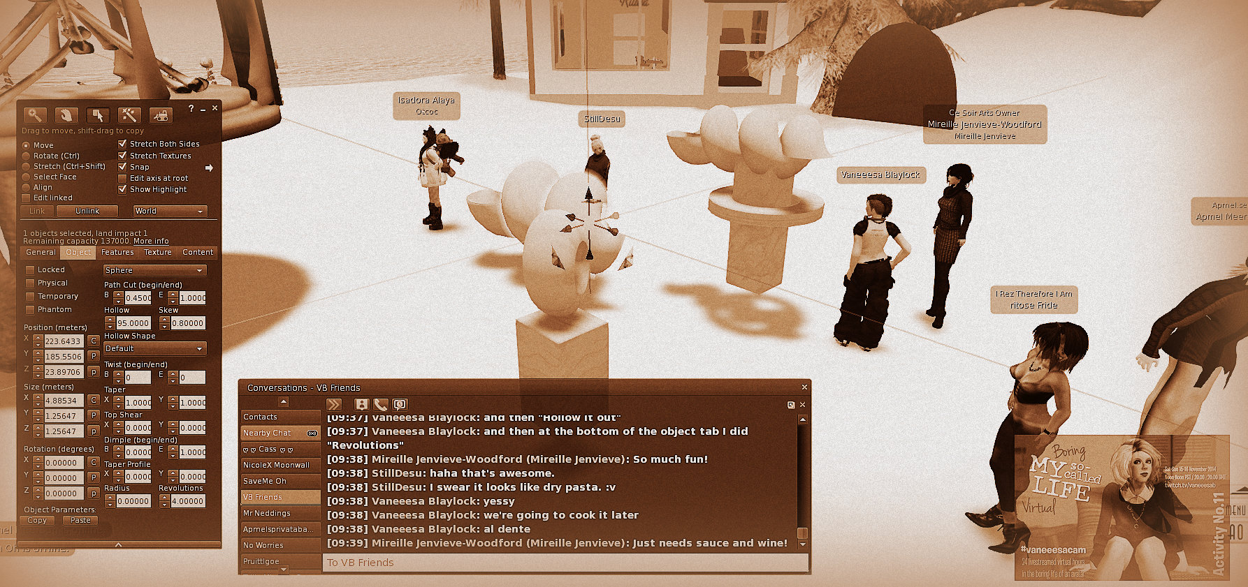 Screen Capture of Twitch.tv live avatar broadcast of 24-hour Vaneeesacam broadcast. In this image avatars are teaching a new user how to build in-world