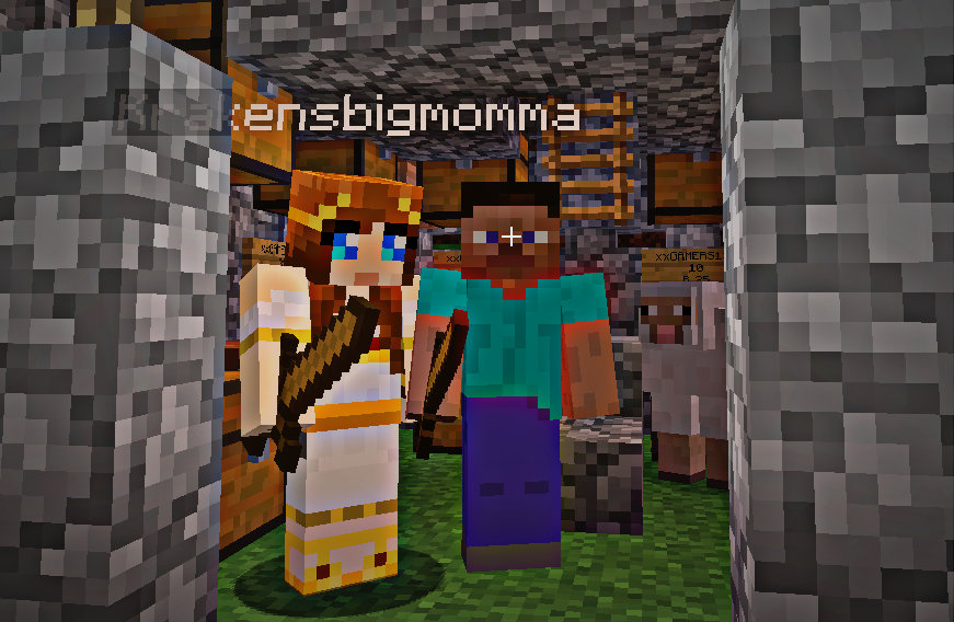 Wendz Tempest & Vanessa Blaylock as Minecraft avatars. They are holding swords and hiding from monsters.