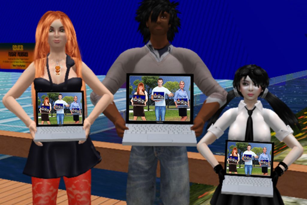 3 avatars in the virtual world of Second Life hold laptop computers. On their screens is an image of 3 RL humans holding laptops. And if you look carefully at the human laptops, on their screens are the 3 avatars. And on and on!