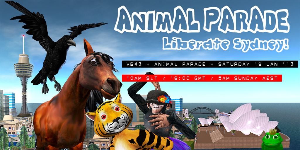 Animal Parade Poster featuring a variety of animals in front of the Sydney skyline with the time and date of the event superimposed