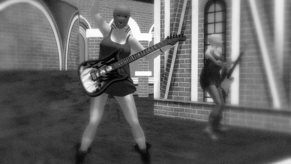 Avatars in balaclavas playing electric guitars at Virtual Red Square
