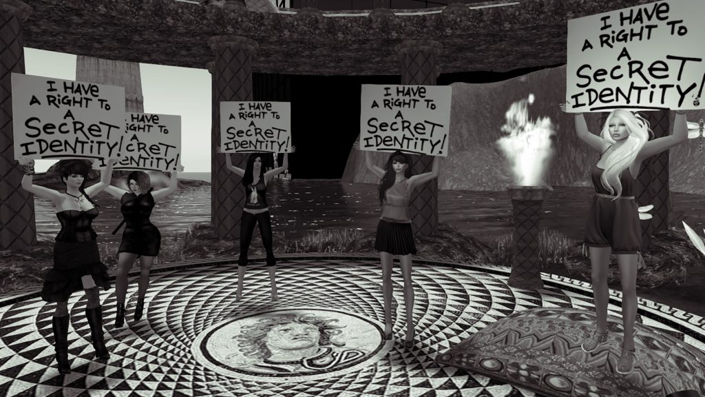 Avatars at Izzy's Gym holding signs reading "I have a right to a secret identity" in solidarity with IRL protesters at Dragon Con