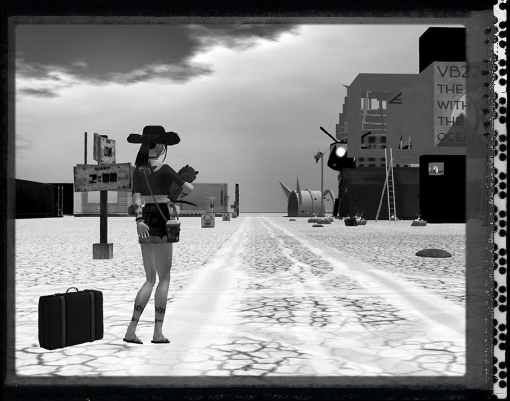 black-and-white polaroid photograph of Vanessa Blaylock holding a baby and with a suitcase by her side as they stand next to dirt tracks in a dusty road on the playa at virtual Black Rock City