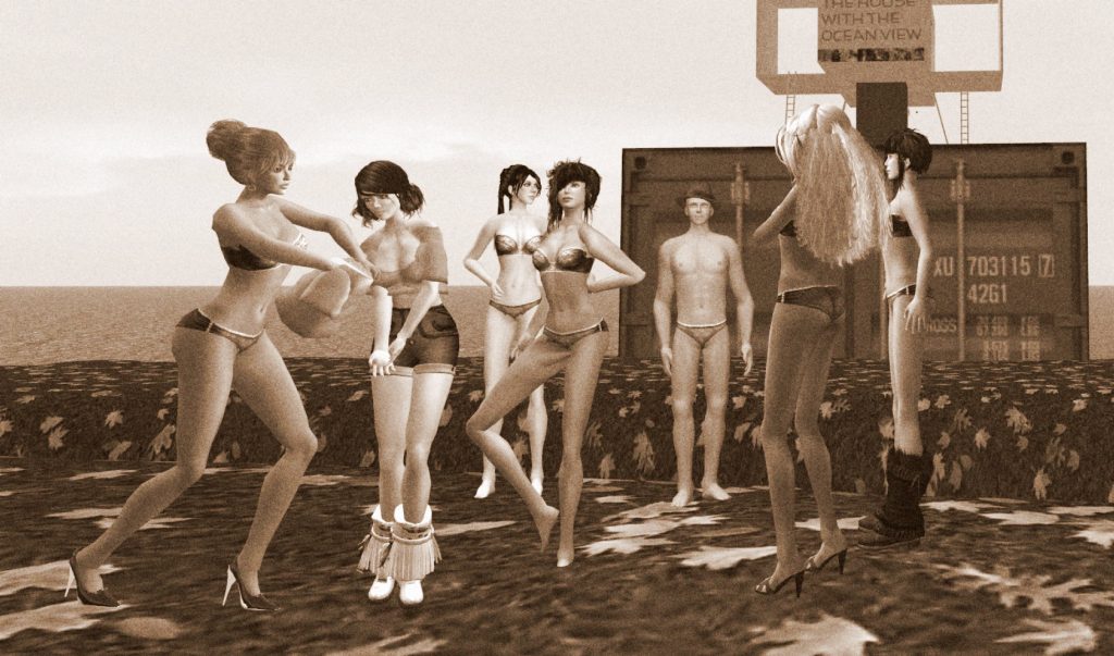 selenium-toned black-and-white photograph of avatars exchanging clothes on a grassy knoll in the virtual world of InWorldz
